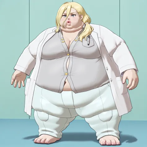 lips, thick lips, pokemon (creature), no humans, La_Monica
1girl, solo, blonde hair, long hair, side ponytail, hair between eyes,
hair tie, white hair tie,
lab coat, white lab coat, shirt, gray shirt, shirt with golden buttons, unbuttoned shirt, light blue...