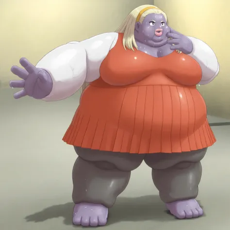 colored skin, lips, thick lips, pokemon (creature), no humans, long hair, blonde hair, black eyes, dress, red dress, purple skin, misonoinori,1girl,solo,pantyhose,long hair,hairband,skirt,school grey hair,black pantyhose,pleated skirt,smile,black eyes, bla...