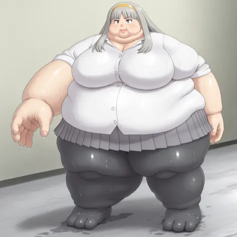 lips, thick lips, pokemon (creature), no humans, misonoinori,1girl,solo,pantyhose,long hair,hairband,skirt,school grey hair,black pantyhose,pleated skirt,smile,black eyes, blank_stare, empty_stare,  fat, chubby, obese, gigantic arms and legs, large breasts...