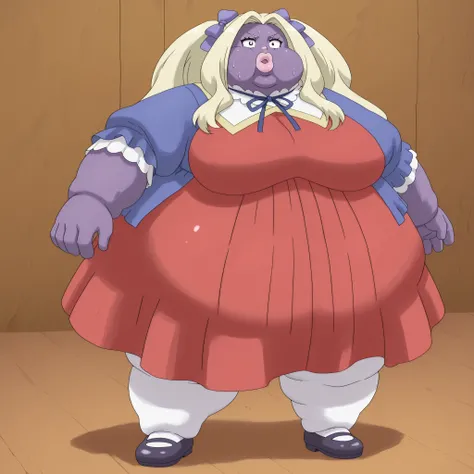 colored skin, lips, thick lips, pokemon (creature), no humans, long hair, blonde hair, black eyes, dress, red dress, purple skin, 1girl, solo, meltyqm, blue dress, neck ribbon, hair bow, white pantyhose, mary janes, blank_stare, empty_stare,  fat, chubby, ...