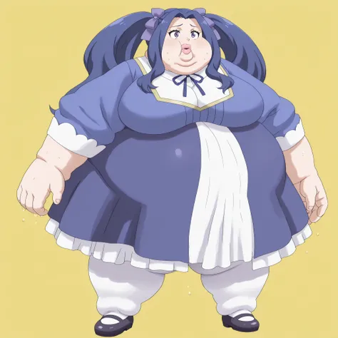 lips, thick lips, pokemon (creature), no humans, 1girl, solo, meltyqm, blue dress, neck ribbon, hair bow, white pantyhose, mary janes, blank_stare, empty_stare,  fat, chubby, obese, gigantic arms and legs, large breasts, sweating, wet body, swollen face, F...