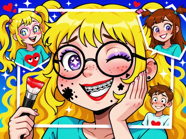 cartoon girl, braces, acne, pimples, freckles, large glasses, round glasses, shiny teeth, big smile, cartoon eyes, sparkling eyes, purple eyes, blue eyes, blonde hair, curly hair, wavy hair, long hair, yellow hair, blushing cheeks, happy expression, excite...