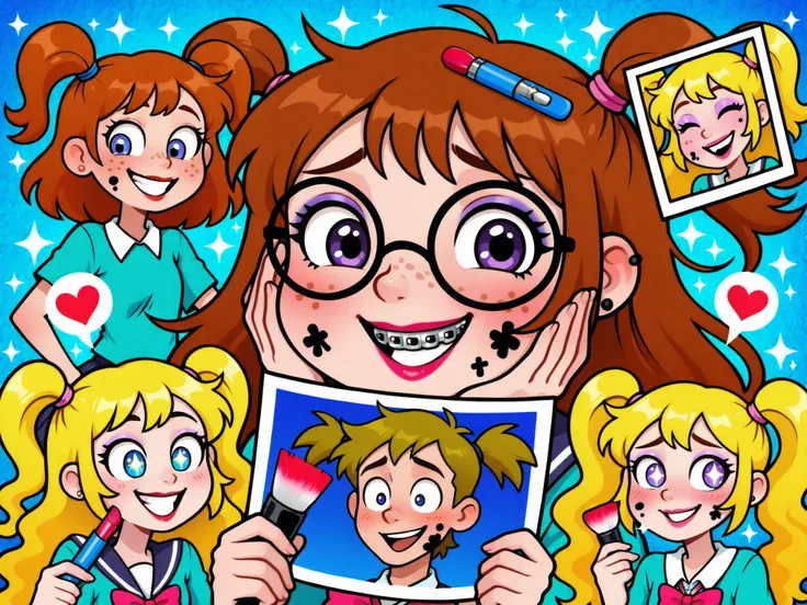 cartoon girl, braces, acne, pimples, freckles, large glasses, round glasses, shiny teeth, big smile, cartoon eyes, sparkling eyes, purple eyes, blue eyes, blonde hair, curly hair, wavy hair, long hair, yellow hair, blushing cheeks, happy expression, excite...