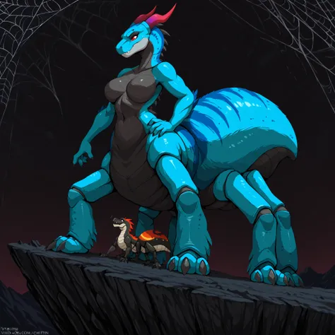 (solo:5.5), best quality, anime style, anime shading, 4k, 8k, ultra highres, masterpiece, large digital painting, epic fantasy concept art, ultra-detailed, comic book illustration, sharp focus, vivid color contrast, full body, blue female anthro dinosaur, ...