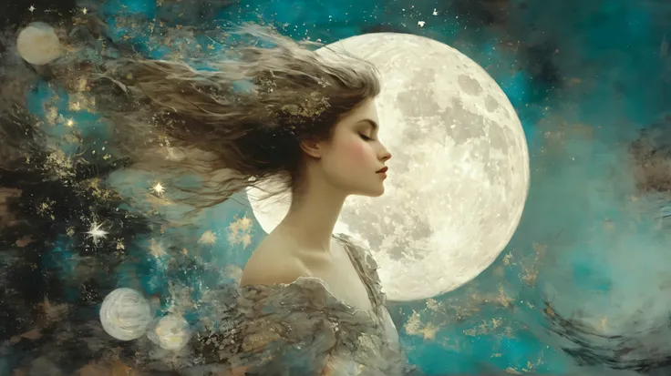layered, exploration, girl, incantation, moon, starlit, whimsy mood, moody colors by Georges Clairin