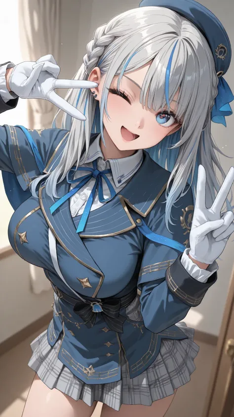 Highest Quality, masterpiece, 1girl, Do you have , long hair, striped hair, gray hair, braids, beret, blue hat, ear piercing, Blue Eyes, blue cape, neck ribbon, collared shirt, blue jacket, long sleeves, white gloves, pleated skirt at the entertainment off...