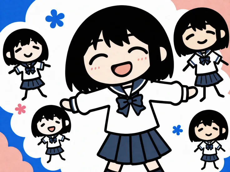 chibi character, simple drawing, stick figure style, anime style, school uniform, sailor uniform, blue ribbon, blue bow, pleated skirt, navy skirt, white blouse, long sleeves, short hair, black hair, straight hair, shoulder length hair, smiling character, ...