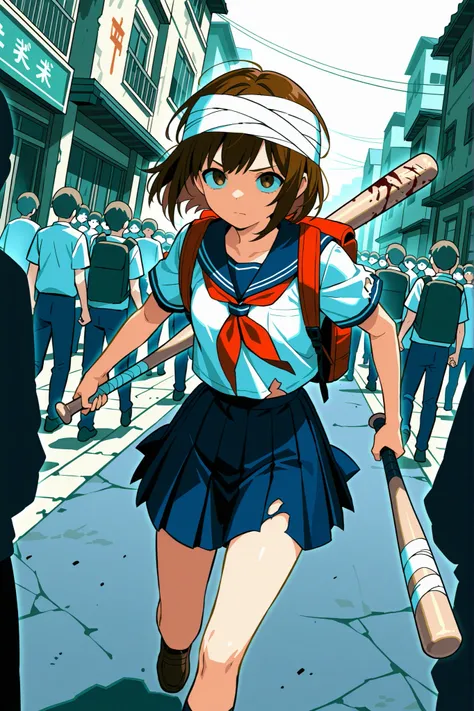 Ruined town, japanese town, crowd of zombies, 1girl, brown hair, head wrapped with bandage, sailor uniform, slightly torn uniform, wearing backpack, hand holding a baseball bat, bloodied baseball bat, cautious face, running through the street, dutch angle