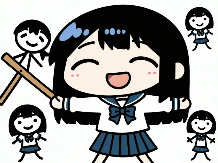 chibi character, simple drawing, stick figure style, anime style, school uniform, sailor uniform, blue ribbon, blue bow, pleated skirt, navy skirt, white blouse, long sleeves, short hair, black hair, straight hair, shoulder length hair, smiling character, ...