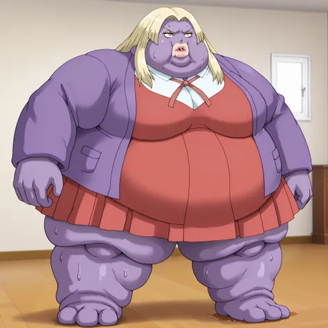 colored skin, lips, thick lips, pokemon (creature), no humans, long hair, blonde hair, black eyes, dress, red dress, purple skin, 1girl, white shirt, school uniform, brown eyes, skirt, breasts, blonde hair, purple jacket, blank_stare, empty_stare,  fat, ch...