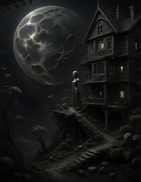 The moon is a house, with windows, terraces and a lot of life, a sexy girl looks out of a window, eroticism, sexy, black and white image, between shadows, oil painting, chiaroscuro, sensual, dramatic lighting, moody atmosphere, photorealistic, intricate de...