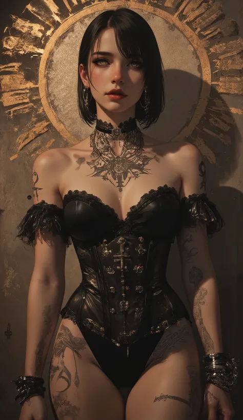  Incredibly detailed illustration of a stunningly attractive European Woman, devastatingly pretty face, she is an Eccentric Gothic woman in her early 20s with untamed short black hair, black low cut corset, impressive cleavage, large natural breasts, and b...