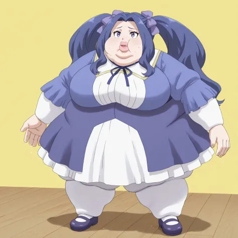 lips, thick lips, pokemon (creature), no humans, 1girl, solo, meltyqm, blue dress, neck ribbon, hair bow, white pantyhose, mary janes, blank_stare, empty_stare,  fat, chubby, obese, gigantic arms and legs, large breasts, sweating, wet body, swollen face, F...