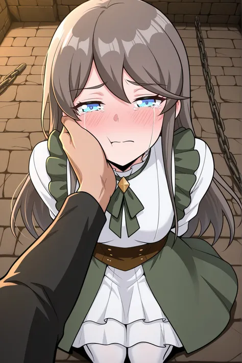 BREAK masterpiece, best quality), amazing quality, absurdres, highres, newest, HDR, 8K, tilly_wimbledon, grey hair, long hair, blue eyes, two-tone dress, frills, long sleeves, brown corset, green neckerchief, white pantyhose, dynamic angle, kneeling, 1girl...