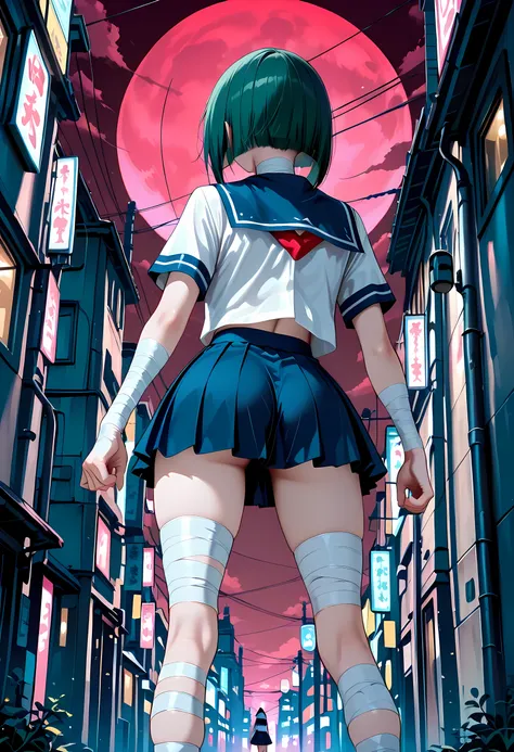 masterpiece, best quality, high resolution, ultra-detailed, very aesthetic, absurdres, solo, 1 girl, green bob cut, bandaged neck, (bandaged arms, bandaged legs:1.4), serafuku, short sleeves, blue sailor collar, red neckerchief, blue pleated skirt, valkyri...