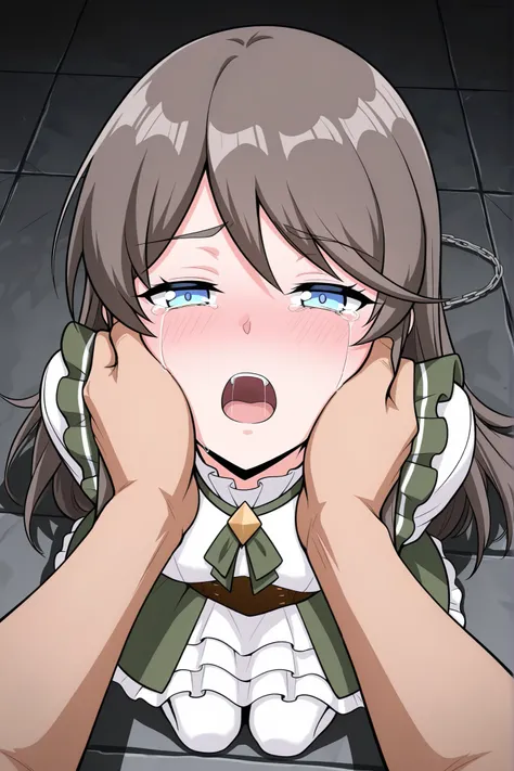 BREAK masterpiece, best quality), amazing quality, absurdres, highres, newest, HDR, 8K, tilly_wimbledon, grey hair, long hair, blue eyes, two-tone dress, frills, long sleeves, brown corset, green neckerchief, white pantyhose, dynamic angle, kneeling, 1girl...