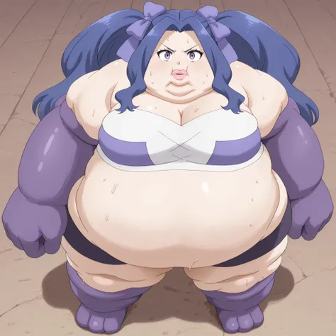 lips, thick lips, pokemon (creature), no humans, 1girl, solo, meltyqm, hair bow, tube top, bike shorts, blank_stare, empty_stare,  fat, chubby, obese, gigantic arms and legs, large breasts, sweating, wet body, swollen face, Fat_neck , Fat head , eyes with ...