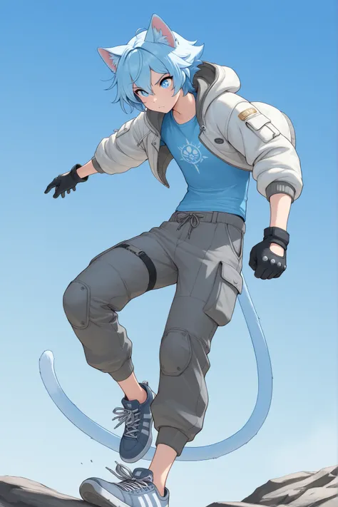 ((masterpiece)),((professional illustration)), ((Alone)), Androgynous boy, short sky blue hair, pointy cat ears, long cat tail, blue feline eyes, white parka jacket, blue shirt, Gray cargo pants, black gloves with knuckle reinforcement, neon blue sneakers,...