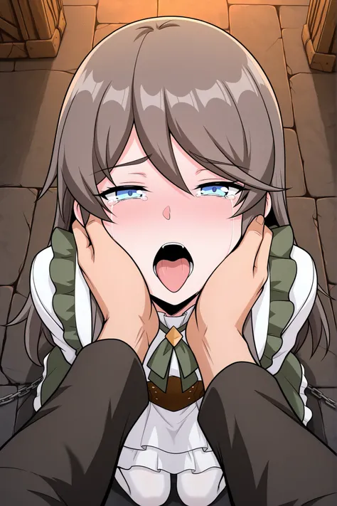 BREAK masterpiece, best quality), amazing quality, absurdres, highres, newest, HDR, 8K, tilly_wimbledon, grey hair, long hair, blue eyes, two-tone dress, frills, long sleeves, brown corset, green neckerchief, white pantyhose, dynamic angle, kneeling, 1girl...