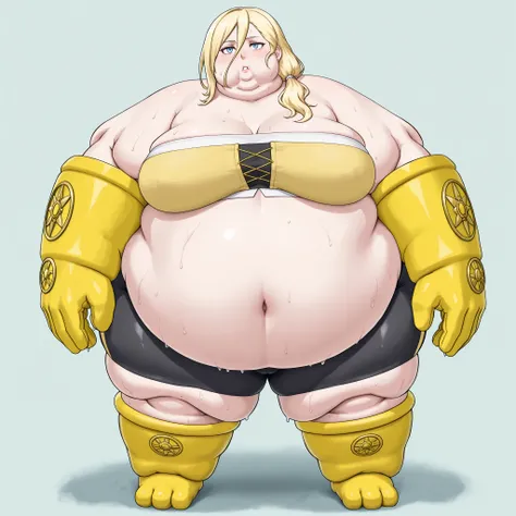 La_Monica
1girl, solo, blonde hair, long hair, side ponytail, hair between eyes,
hair tie, white hair tie,
tube top, bike shorts, blank_stare, empty_stare,  fat, chubby, obese, gigantic arms and legs, large breasts, sweating, wet body, swollen face, Fat_ne...