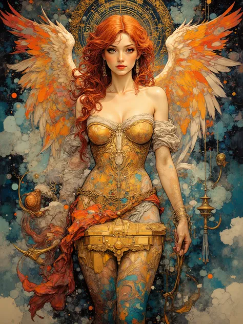 splashart, majestic and imaginative masterpiece portraying Pandora opening a gold chest letting all the evils of the world in swirling colors, looking about 20 years old and gorgeously full bodied, she is the most beautiful woman who will ever live, her au...