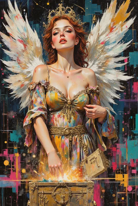 splashart, majestic and imaginative masterpiece portraying Pandora opening a gold chest letting all the evils of the world in swirling colors, looking about 20 years old and gorgeously full bodied, she is the most beautiful woman who will ever live, her au...