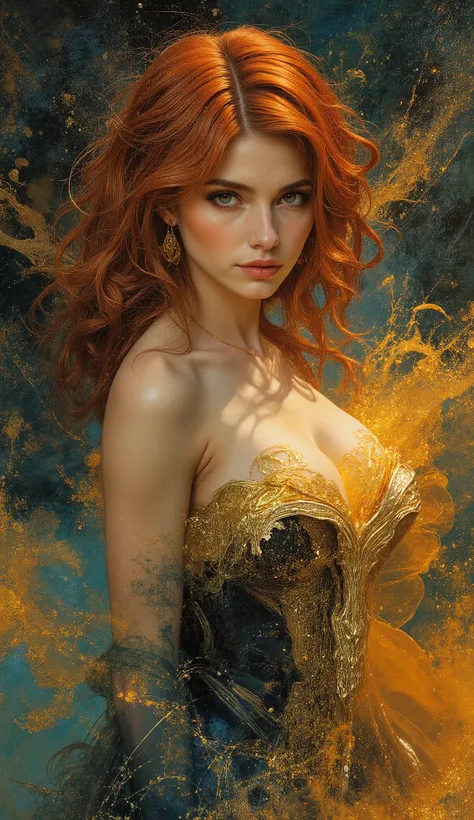 splashart, majestic and imaginative masterpiece portraying Pandora opening a gold chest letting all the evils of the world in swirling colors, looking about 20 years old and gorgeously full bodied, she is the most beautiful woman who will ever live, her au...