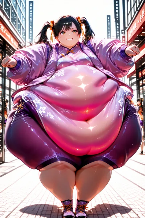 1girl, solo, masterpiece, best quality, Ling Xiaoyu, long hair, black hair, twin tails, brown eyes, Asian, shirt, long sleeves, hair ornament, ribbon, hair ribbon, open clothes, shorts, open jacket, purple jacket, purple shorts, Chinese clothes, short dres...