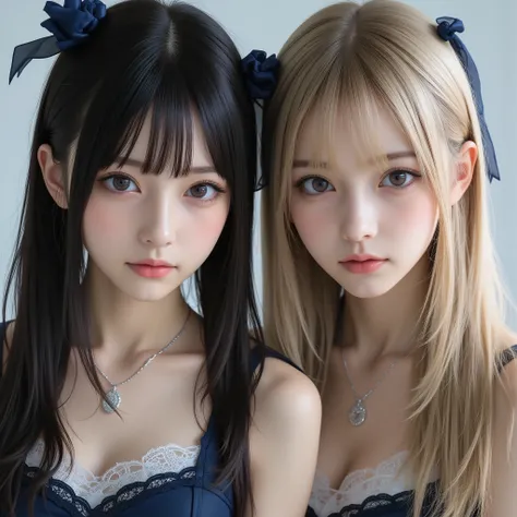 masterpiece、Highest Quality、Realistic,8k,{{cosplay、Beautiful girl、メスガキのcosplay、dark haired、Blonde}}、Looking Here,2girls,