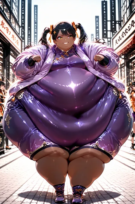 1girl, solo, masterpiece, best quality, Ling Xiaoyu, long hair, black hair, twin tails, brown eyes, dark skin, Asian, shirt, long sleeves, hair ornament, ribbon, hair ribbon, open clothes, shorts, open jacket, purple jacket, purple shorts, Chinese clothes,...