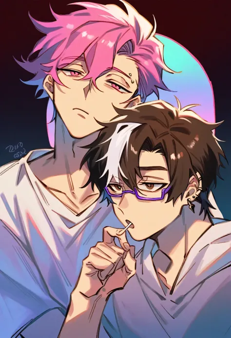 2 boys together, couple. 
First boy: a young man with medium pink hair and some white highlights, UP TO THE NECK, piercings na orelha, hot pink eyes, short clothing. the pink, red and orange are colors present in her sexy and short outfit, next to a pair o...