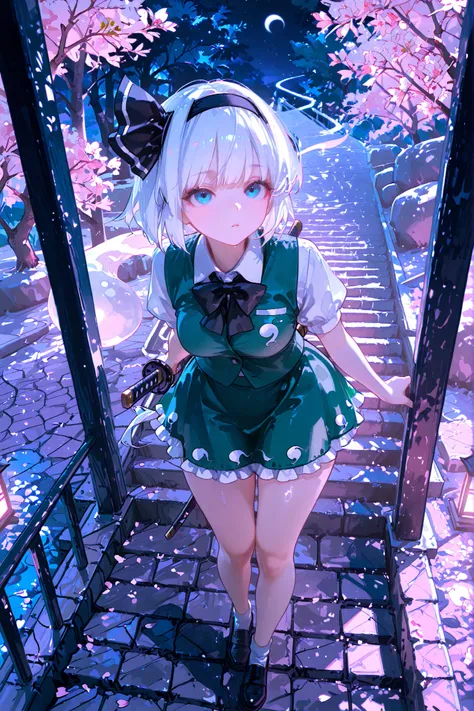 (8k), (best quality), (konpaku youmu), Realistic Shadows、colored line art、Hairstyle faithful to the original、white hair、black headband、blue eyes、look at viewer, above、(Zitoida)、Short Height、frills付きの白いボタン付きシャツ、black ribbon tie、green vest、frills、Green Skirt...