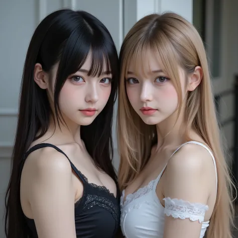 masterpiece、Highest Quality、Realistic,8k,{{cosplay、Beautiful girl、メスガキのcosplay、dark haired、Blonde}}、Looking Here,2girls,bust up
