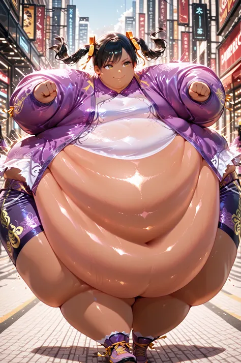 1girl, solo, masterpiece, best quality, Ling Xiaoyu, long hair, black hair, twin tails, brown eyes, dark skin, Asian, shirt, long sleeves, hair ornament, ribbon, hair ribbon, open clothes, shorts, open jacket, purple jacket, purple shorts, Chinese clothes,...