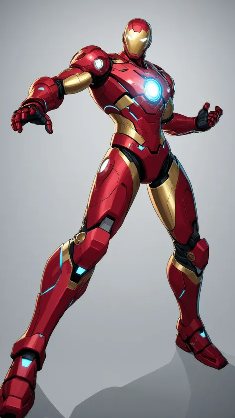 Ironman wearing a futuristic red colour sleek nanotech armour with gold accents , wearing a high-tech helmet with blue digital face with serious expression, blue triangular arc reactor on chest, 2D cartoon style, 8K ultra HD, high quality, dynamic pose, go...