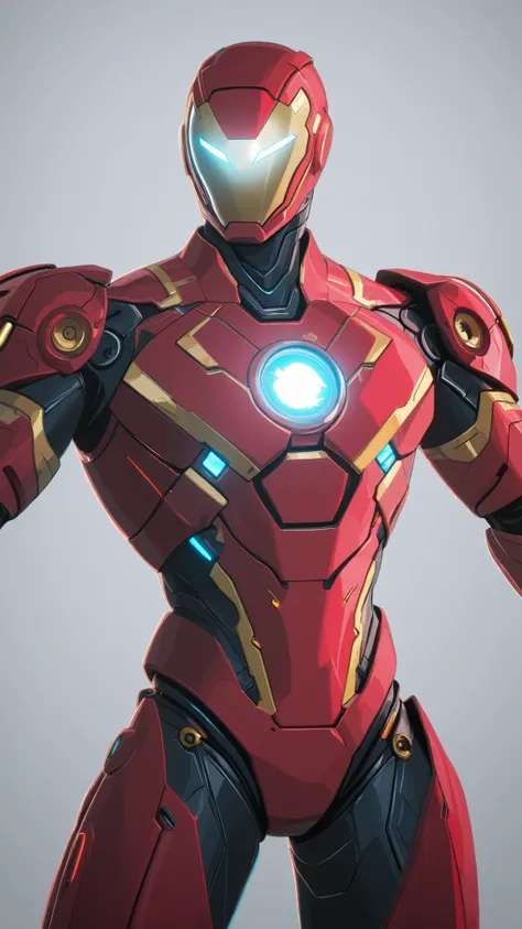 Ironman wearing a futuristic red colour sleek nanotech armour with gold accents , wearing a high-tech helmet with blue digital face screen with serious expression on the screen, blue triangular arc reactor on chest, 2D cartoon style, 8K ultra HD, high qual...