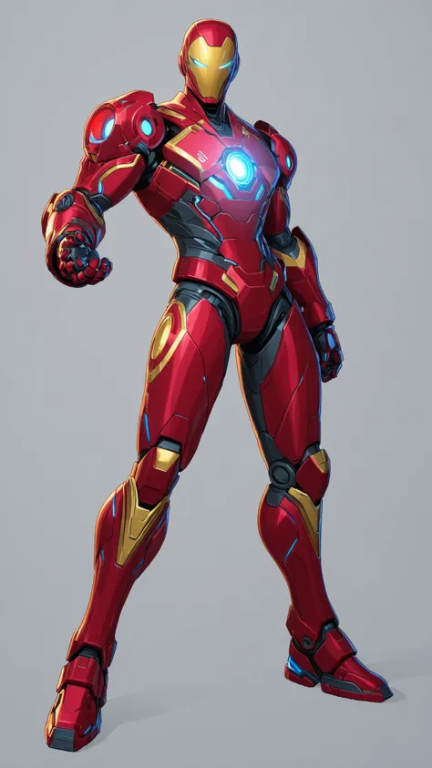 Ironman wearing a futuristic red colour sleek nanotech armour with gold accents , wearing a high-tech helmet with blue digital face screen with serious expression on the screen, blue triangular arc reactor on chest, 2D cartoon style, 8K ultra HD, high qual...