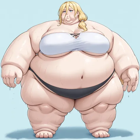 La_Monica
1girl, solo, blonde hair, long hair, side ponytail, hair between eyes,
hair tie, white hair tie,
tube top, bikini bottom, blank_stare, empty_stare,  fat, chubby, obese, gigantic arms and legs, large breasts, sweating, wet body, swollen face, Fat_...