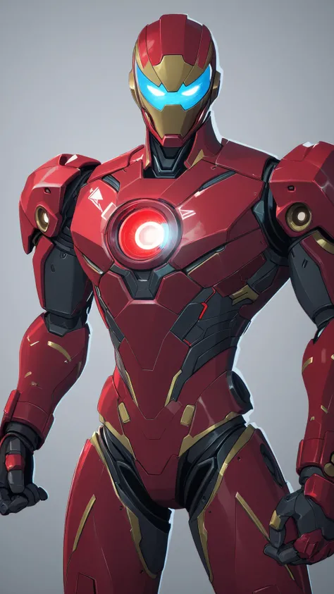 Ironman wearing a futuristic red colour sleek nanotech armour with gold accents , wearing a high-tech helmet with blue digital face screen with serious expression on the screen, blue triangular arc reactor on chest, 2D cartoon style, 8K ultra HD, high qual...