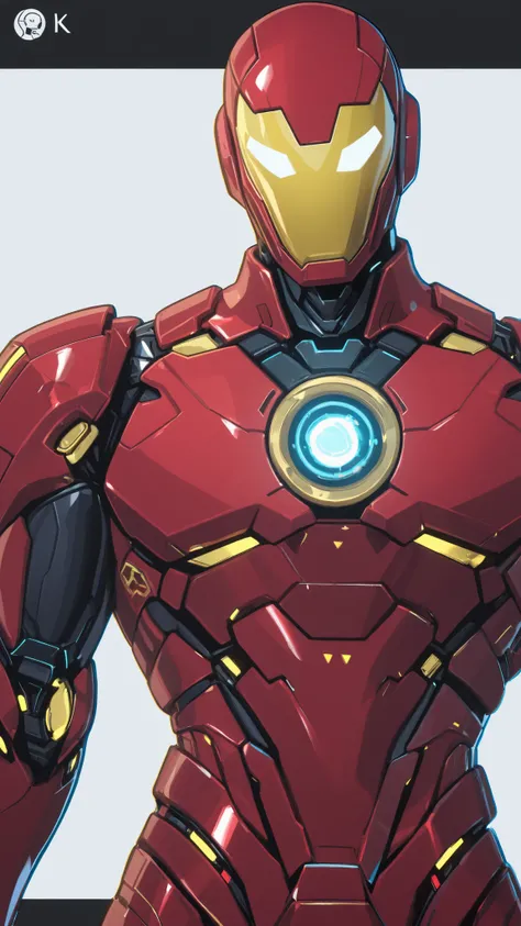 Ironman wearing a futuristic red colour sleek nanotech armour with gold accents , wearing a high-tech helmet with blue digital face tv screen with serious expression on the screen, blue triangular arc reactor on chest, 2D cartoon style, 8K ultra HD, high q...