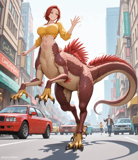 solo, from below, from side, 
female, (raptor taur, monster girl), 
(huge raptor body, brown scales, two legs, big raptor feet, talons), tail spikes, red feathers, long tail, wagging tail, 
red hair, big breast, navel, tight yellow top, 
walking, leg up, s...