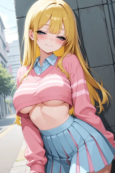 1girl, pink crop top, pink stripes, knitted crop top, collared crop top, dark yellow hair, light blue skirt, pleated skirt, blue eyes, outdoors, underboob, breasts, black eyeliner, long hair, smile, half closed eyes, blush