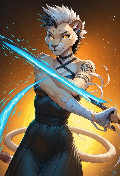 anthro , Zaffa , lioness, ((female)), Orange gradient eyes, black and white hair , white fur , fluffy fur , detailed fur , black tattoo , eyebrow piercing , ear clip , slim body, beautiful illustration,glowing, action pose, dress, dynamic pose, Dynamic a...