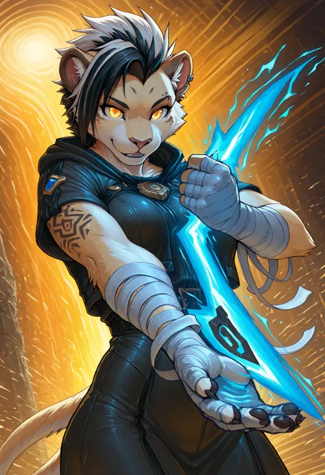 anthro , Zaffa , lioness, ((female)), Orange gradient eyes, black and white hair , white fur , fluffy fur , detailed fur , black tattoo , eyebrow piercing , ear clip , slim body, beautiful illustration,glowing, action pose, dress, dynamic pose, Dynamic a...