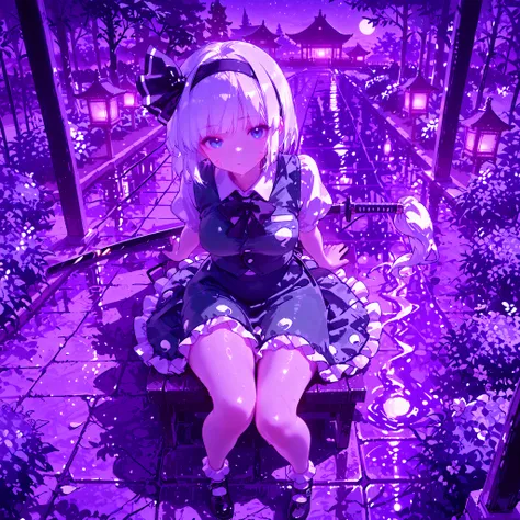 (8k), (best quality), (detailed illustration), (konpaku youmu), Realistic Shadows、colored line art、Hairstyle faithful to the original、smooth short bob、white hair、black headband、(detailed face)、(Precisely Drawn Face Parts)、blue eyes、look at viewer, above、Ky...