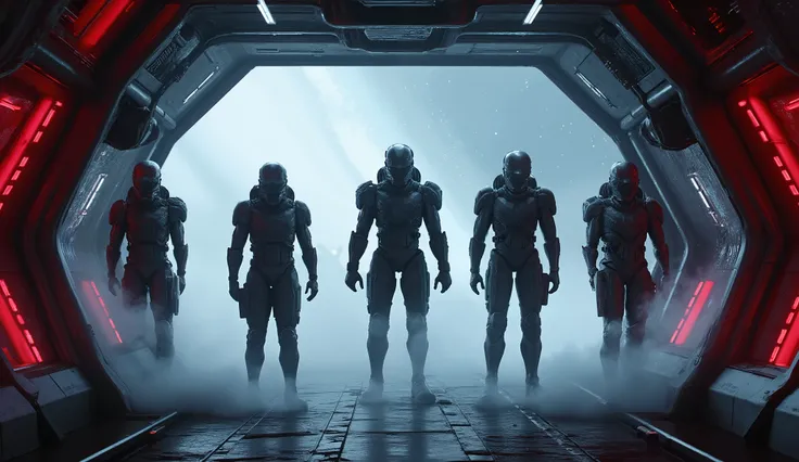 ultra realistic cinematic shot of five elite futuristic soldiers inside a stealth orbital spacecraft preparing for a HALO jump above a frozen planet, glowing red interior lights reflecting on black-silver armor, mist drifting from oxygen vents, aurora and ...