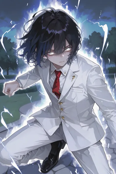 Male, wavy hair, dark hair, black hair, short hair, white eyes, high school, white aura, park landscape, white and blue aura, floating hair, fight stance, office clothes, white suit with gold buttons, a white dress shirt, black oxford shoes, red tie
