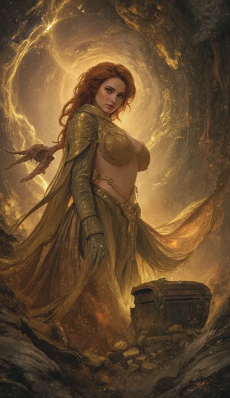 splashart, majestic and imaginative masterpiece portraying Pandora opening a gold chest letting all the evils of the world in swirling colors, looking about 20 years old and gorgeously full bodied, perfect detailed hands, anatomically correct, she is the m...