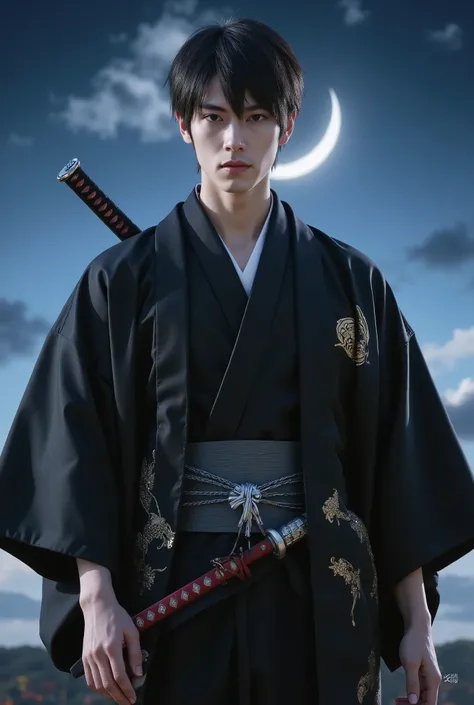 black all back short hair、very big dark eyes are impressive、Men's kimono costume、Clean, Tall Nose、Smooth, Thin Jaws、The Night of the Waning Moon、real fantasy、Ultra fine and precise live action、Dynamic Poses、Slicked-back hair、half moon night、Japanese kimono...