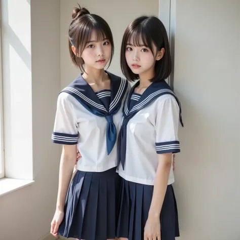 {{2girls,dark haired、Blonde}},photorealistic portrait of a Japanese high school student wearing a sailor, sailor,, cherry tree, Soft sunlight, shallow depth of field, Realistic Skin Texture, dslr style, full body, staring at the camera(Realistic, photo-Rea...